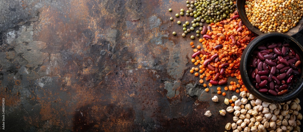 Leinwandbilder Various types of legumes like lentils soybeans chickpeas and red kidney beans arranged on a rustic brown table with adequate space for text in a copy space image