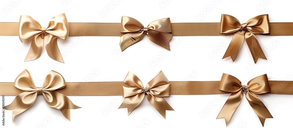 Poster a collection of elegant satin ribbons in gold with bows arranged horizontally isolated on a white ba