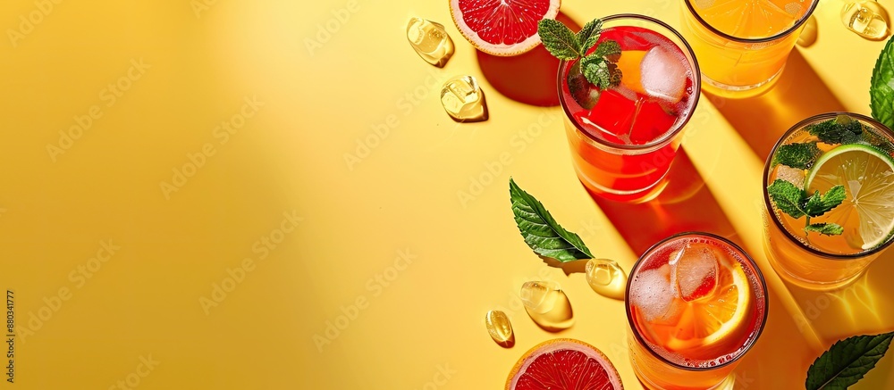 Aufkleber glasses with summer drinks displayed on a bright background with yellow accents offering ample copy 