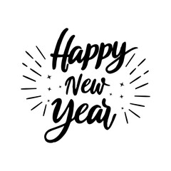 Happy 2025 New Year Vector Design. festive New Year's greeting card with elegant calligraphy with stars, sparkles, and bursts of light around the text