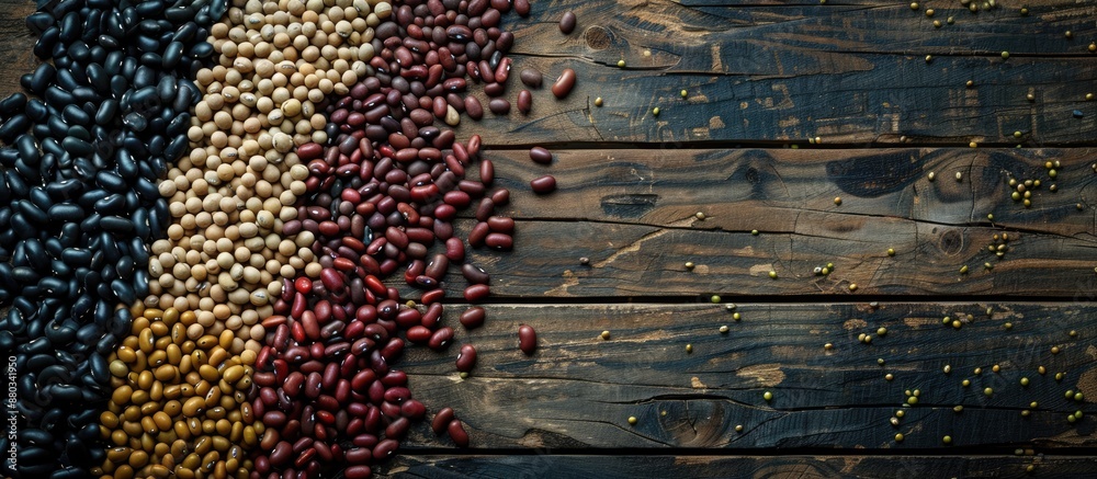 Poster Flatlay of various beans like red soy black and mung beans on a wooden background with ample copy space image