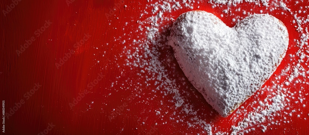 Poster heart shaped design with powdered sugar sprinkled elegantly over a vivid red backdrop providing ampl