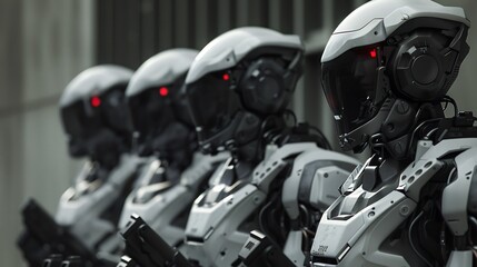 Team of robot soldiers carrying machine guns marching, high-tech modern cyber.