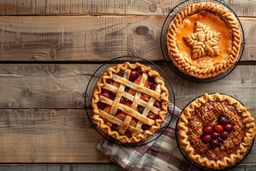 Pies Display: Freshly Baked Apple, Cherry, and Pumpkin Pies on Rustic Wood Table