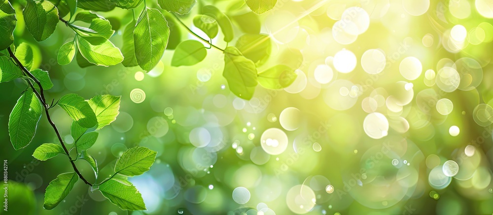 Poster blurred nature backdrop with bokeh for creative designs green leaves bokeh background from forest wi
