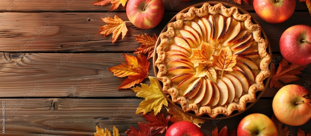 Aufkleber autumn themed apple pie or tart displayed with a fall background conveying the essence of the season