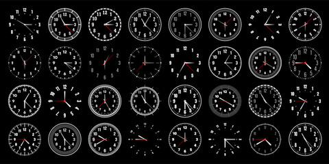 Mechanical clock faces with hands, bezel. Watch dial with minute, hour marks and numbers, arabic numerals. Timer or stopwatch element. Measuring circle scale with divisions. Vector illustration