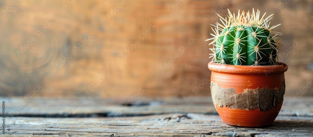 Poster Copy space image of a little cactus planted in a pot on a wooden table with room for text or graphics