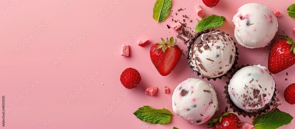 Poster white and chocolate ice cream balls with mint and strawberry arranged in a pleasing way with copy sp