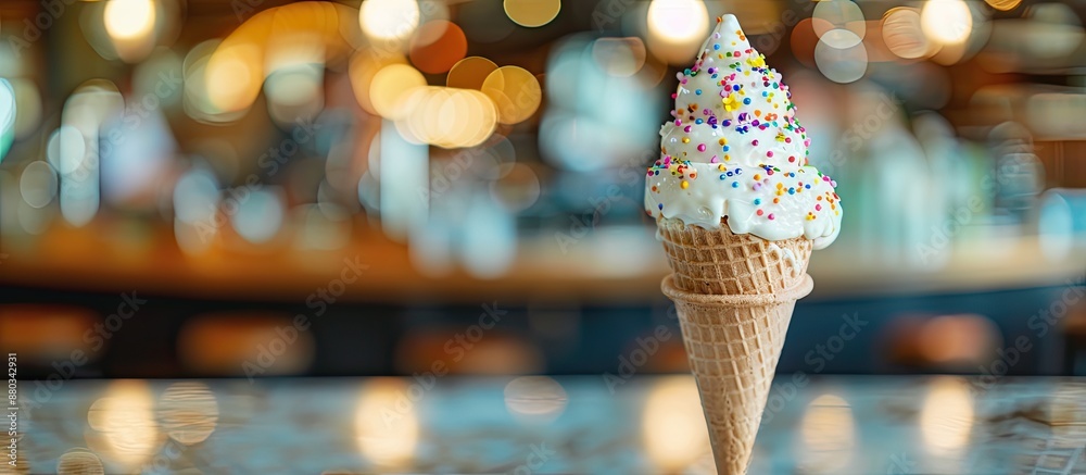 Aufkleber Yogurt ice cream cone with a blurred background and a spacious area for adding images. with copy space image. Place for adding text or design