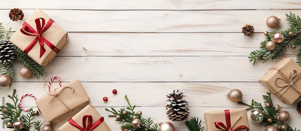 Poster top view of modern christmas presents adorned with ornaments and cones on a white wooden background 