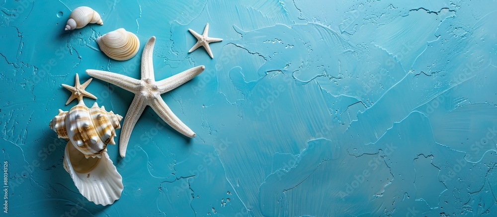 Aufkleber starfish and shell on a vibrant blue background with copy space image