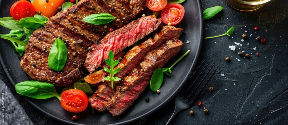 Poster Fried steak slices served with veggies on a plate with a generous copy space image for presentation