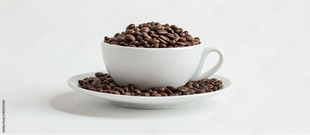 Poster coffee beans a white cup with a saucer set against a white background are essential elements for des