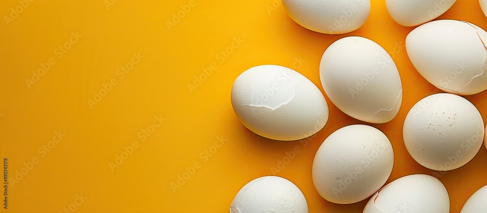Poster eggs with a white shell are placed against a bright yellow backdrop creating a vibrant composition w