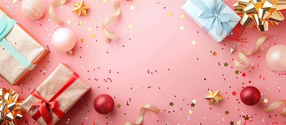 Poster Flat lay composition with decorative elements conveying a celebration concept featuring copy space image for text insertion