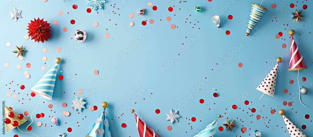 Poster A flat lay arrangement features party hats and various festive objects on a light blue backdrop leaving room for text in the image. with copy space image. Place for adding text or design