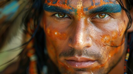 Tribal ceremony, indigenous people, traditional face paint, outdoor setting, natural light