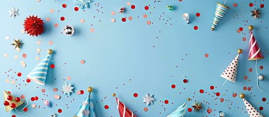 A flat lay arrangement features party hats and various festive objects on a light blue backdrop leaving room for text in the image. with copy space image. Place for adding text or design