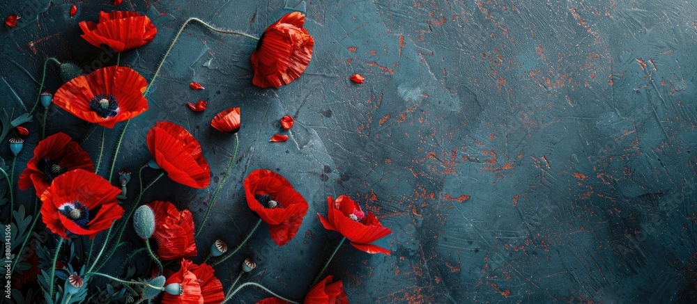 Aufkleber Bird s eye view of vibrant red poppy blossoms against a dark metallic backdrop with space for text in an edited photo. with copy space image. Place for adding text or design