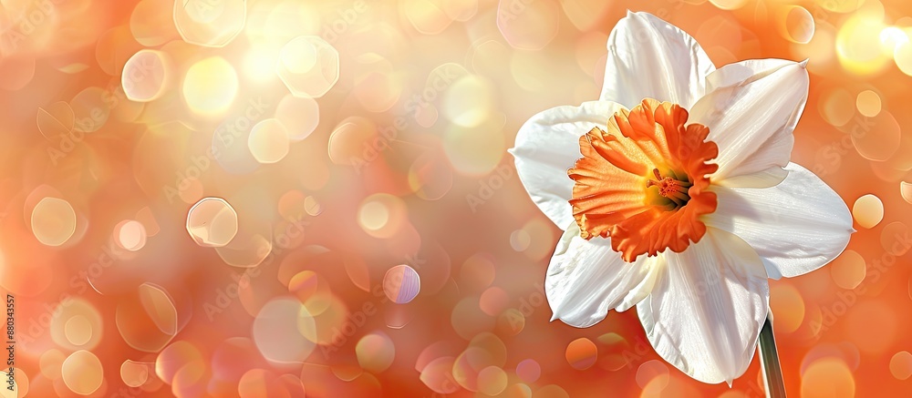 Poster close up shot of a white and orange daffodil flower with a luminous backdrop ideal for a copy space 