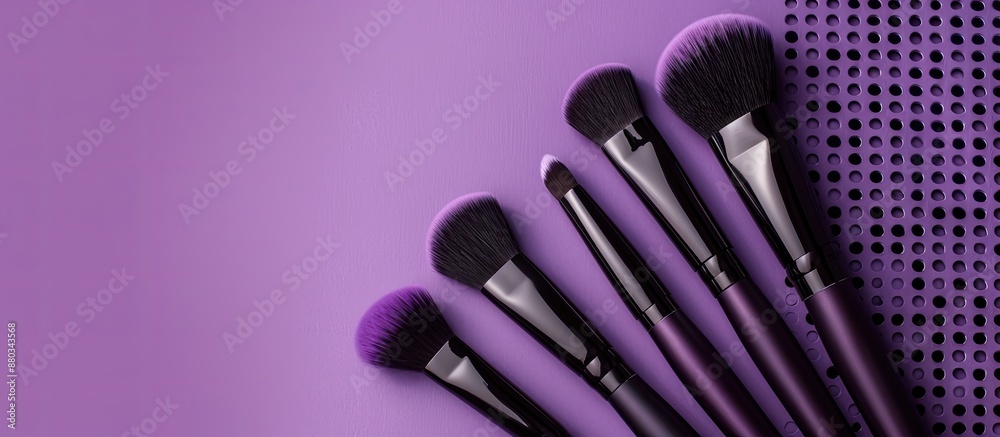 Poster a purple backdrop showcasing a set of professional makeup brushes surrounded by holes with ample cop