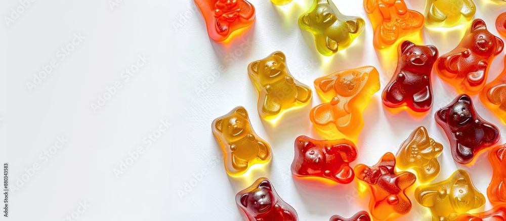 Aufkleber delicious gummy bears arranged on a white backdrop with available copy space image