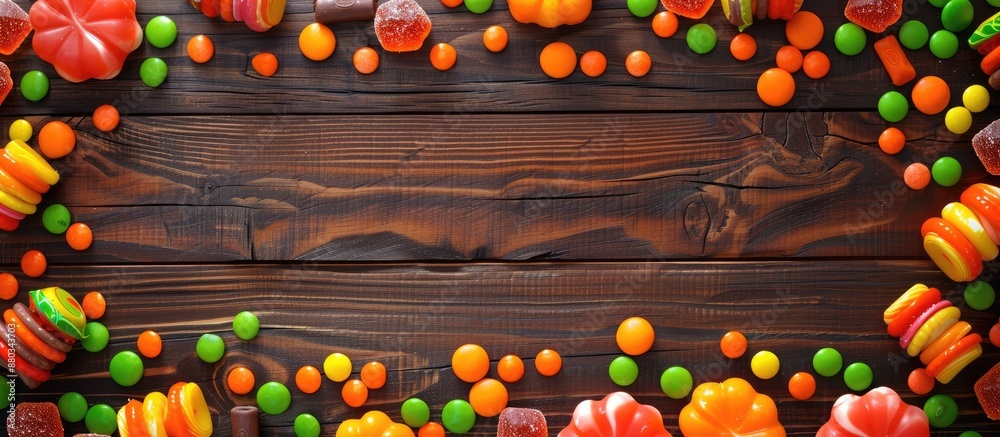 Poster colorful candies displayed on a brown wooden surface for halloween in an overhead view creating a vi