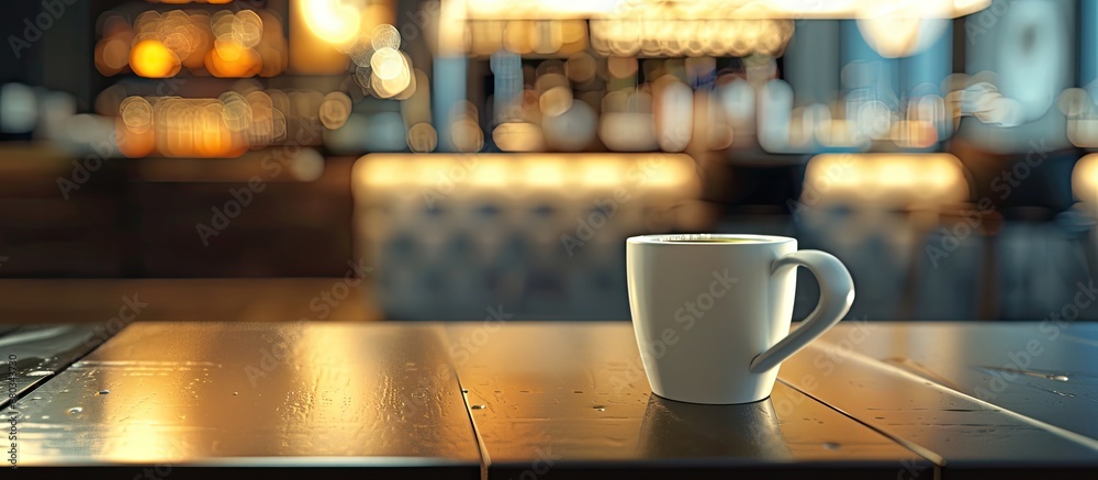 Poster coffee cup on a table with lounge bar backdrop offers copy space image