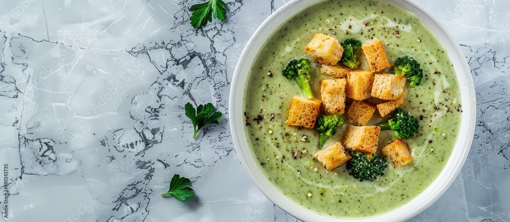 Poster a homemade healthy vegetarian food a white bowl of broccoli and cheddar cheese cream soup topped wit
