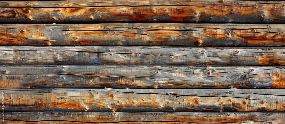 Poster close up of a natural colored horizontal wooden log cabin wall with a wood texture providing a rusti