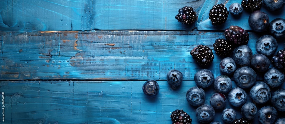 Poster blueberries and blackberries arranged on a blue wooden surface for a flat lay composition with copy 