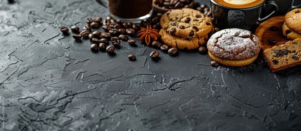 Poster Dark coffee beans with cookies cakes and bread displayed in a cafe setting on a dark surface with copy space image