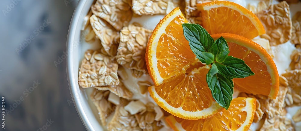 Poster Fresh oranges arranged on top of a bowl of cereals creating a colorful and appetizing display with copy space image