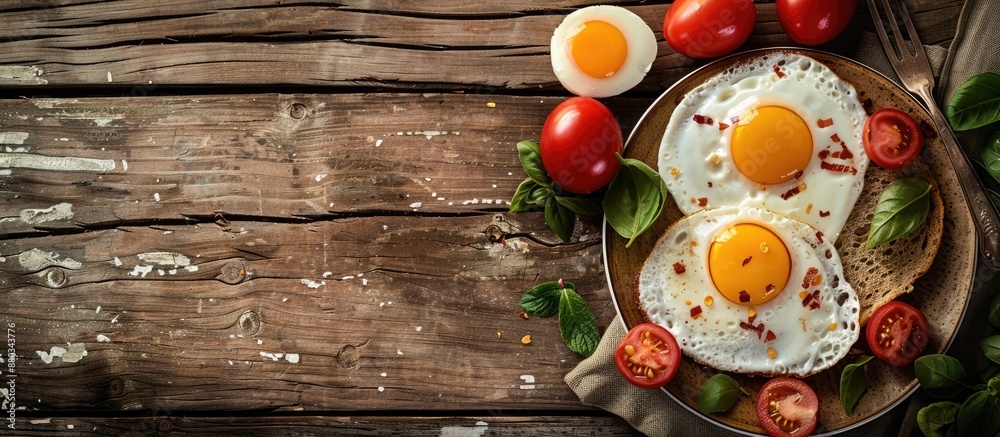 Poster delicious breakfast with heart shaped fried eggs displayed on a kitchen table with copy space image 