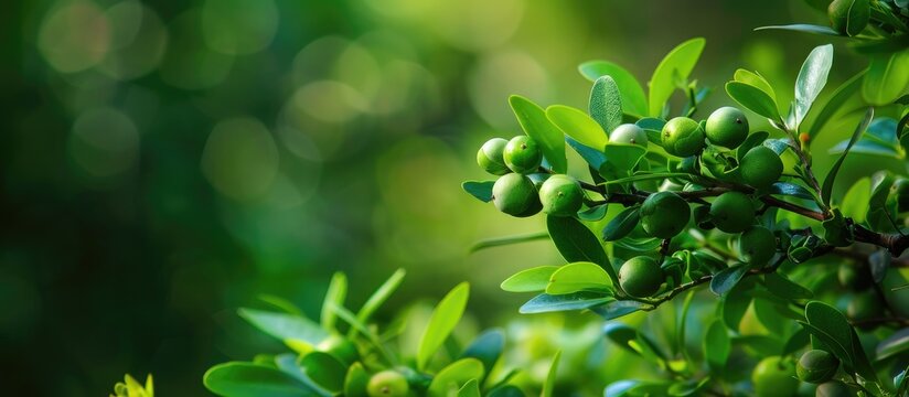Myrtus Communis branch with myrtle fruit providing a copy space image