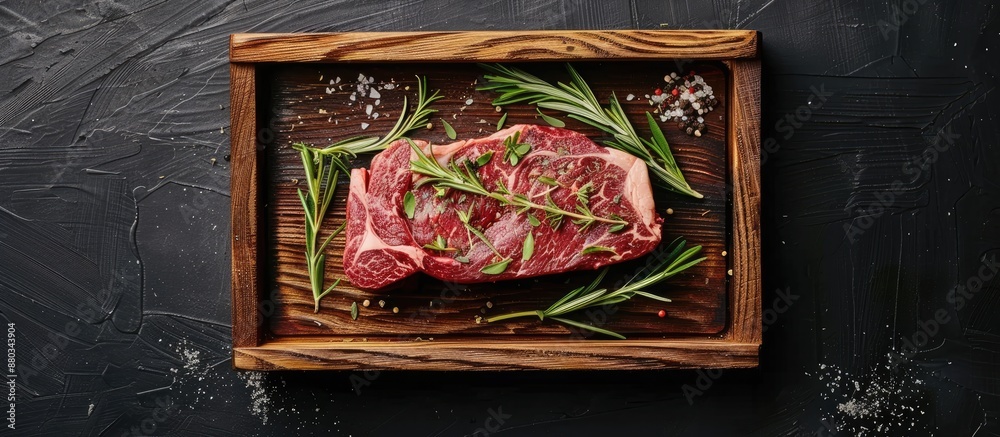 Leinwandbilder prime rib eye beef steak presented in a wooden tray with herbs on a black backdrop from above creati