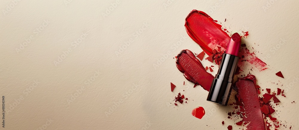 Poster top view of lovely lipsticks smudges on a beige backdrop with a copy space image