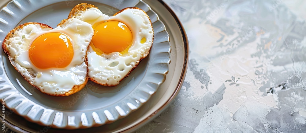 Poster delicious breakfast with heart shaped fried eggs displayed on a kitchen table with copy space image 