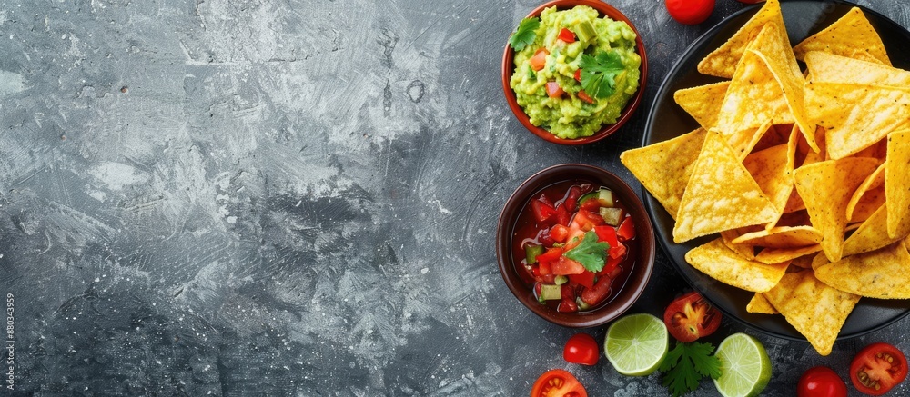 Leinwandbilder top down view of mexican nachos and guacamole on a gray concrete surface with room for text or graph
