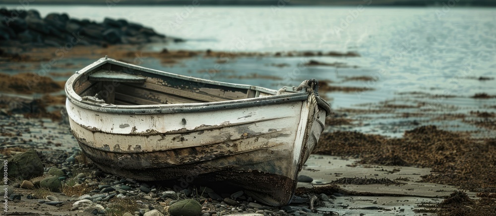 Aufkleber Abandoned small boat on shore with no usage ideal for copy space image