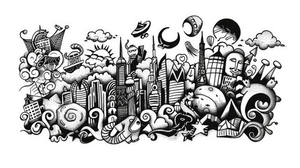 Stylish hand-drawn doodles and sketches in black and white.