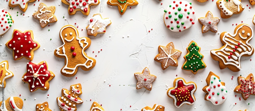 Leinwandbilder top view of a variety of colorful christmas gingerbread cookies with a sugar glaze set on a white ba