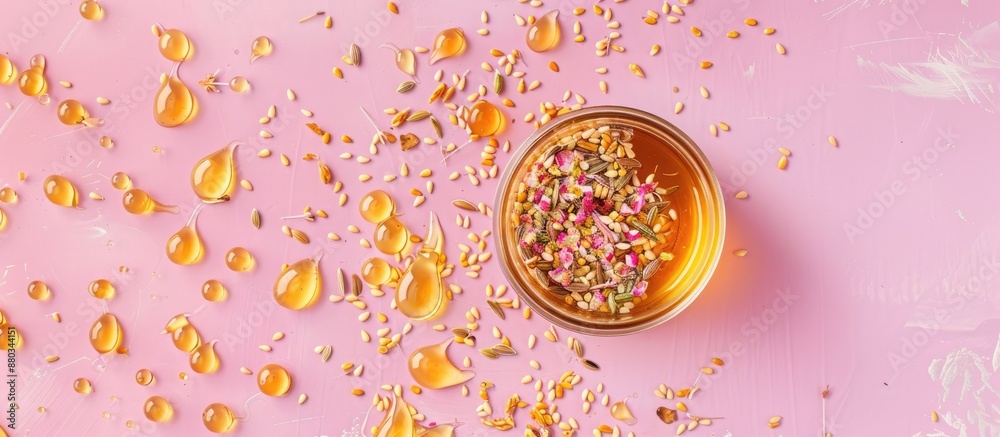 Aufkleber Top down view of a jar filled with seeds and honey on a pink background suitable for web banners with ample copy space image