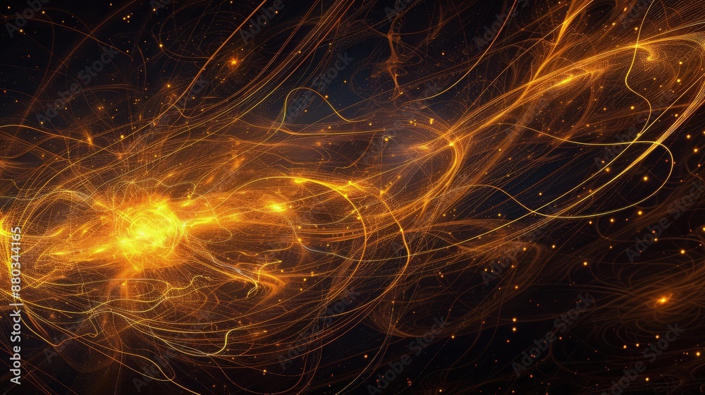 Wall mural an abstract expression of a cosmic event, where yellow-orange lines and circles spread across a dark
