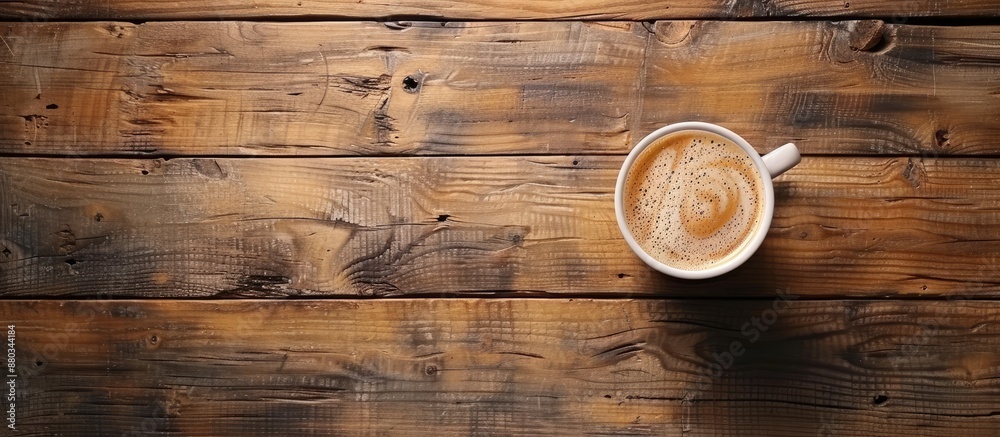 Aufkleber Top view of hot coffee on a wooden table in a coffee shop with copy space image