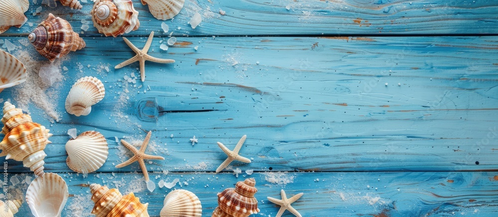 Poster blue wooden background with shells reflecting a summer and sea concept ideal for copy space image
