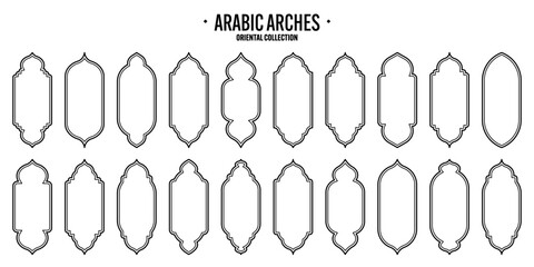 Islamic frames, oriental style objects. Arabic shapes, windows and arches. Traditional ornamental banner, frame. Muslim holidays, Ramadan Kareem. Modern eastern architecture. Vector illustration