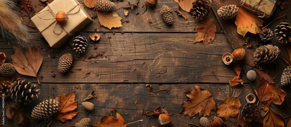 Poster a top down view of a autumn themed scene on a wooden backdrop featuring cones acorns wood pieces and
