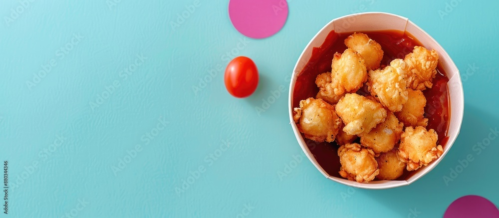 Aufkleber Colorful background showcases a paper bucket filled with delicious popcorn chicken and tomato sauce creating an appealing copy space image